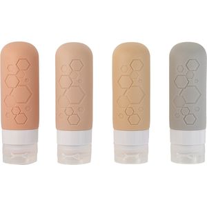 Milieuvriendelijke Siliconen Reisflessen | 4 stuks 90ml | Eenvoudig te Vullen/Reinigen | Toegestaan als Handbagage | Voeg je naam/Label toe | Navulbare Knijpfles | Perfect voor Essentiële Benodigdheden Onderweg | Sand
