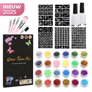 XXL Glitter Tattoo Set – 120 Sjablonen & 24 Kleuren – Inclusief Lijm en Penselen – DIY Temporary Tattoos voor Kinderen en Volwassenen