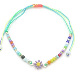 Kralenarmbandje - touw - verstelbaar - blauw - multicolor - bloemetje - zomer - hip - vakantie - festival