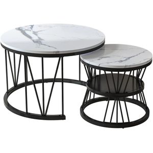 Mila Shop - Marmeren salontafels - Bijzettafels - Ronde tafels - Metalen frame - Stabiel - Zwart/wit - 2 Stuks