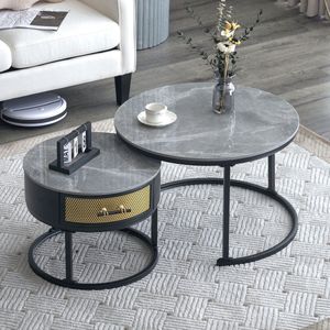 Sweiko Elegante 2 delige salontafel set, grijs marmeren aanrecht en massief houten lades, grijs en zwart