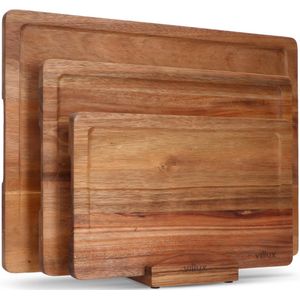 Villux Snijplank - Snijplankenset Met Houder - Snijplank Hout - Snijplanken - Snijplank Acacia- Snijplankenset - Tapasplank - Borrelplank - Serveerplank - Hapjesplank - 3 Stuks - Acacia