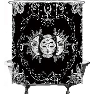 Douchegordijn, zon-maan sterrenbeeld, tarot, natuur, bohemien, 180 x 200 cm, anti-schimmel, wasbaar, waterdicht, met 12 ringen, zwart-wit