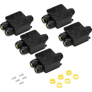 Navaris waterdichte verdeelstekker voor buiten - Set van 5 outdoor verdeeldozen IP68 - Connector voor 3 kabels - Water- en stofdichte drieweg lasdoos