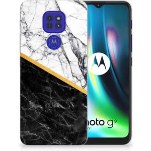 Motorola Moto G9 Play | E7 Plus TPU Siliconen Hoesje Marmer Wit Zwart - Origineel Cadeau Man