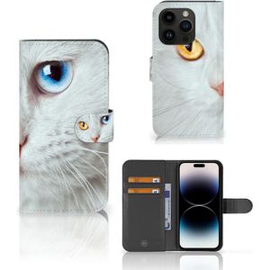 iPhone 15 Pro Telefoonhoesje met Pasjes Witte Kat