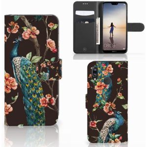 Huawei P20 Lite Telefoonhoesje met Pasjes Pauw met Bloemen