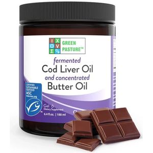Green Pasture BLUE ICE ™ Royal gefermenteerde Levertraan/boter olie blend, Chocolade smaak –188 ml GEL