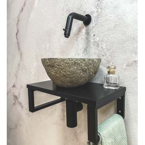 Saniclear Lovi fonteinset met rivierstenen waskom en kraan zwart mat