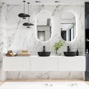 Fontana Stripe wastafelmeubel 240cm mat wit ribbelfront met zwarte waskommen en ovale spiegel
