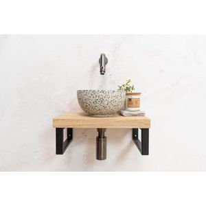 Saniclear Baru toiletmeubel set met eiken plank, zwart-witte terrazzo waskom en verouderd ijzer kraan