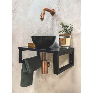 Saniclear Lovi fonteinset met keramische waskom zwart en kraan geborsteld koper