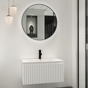 Fontana Lento wastafelmeubel 80cm mat wit ribbelfront met witte wastafel 1 kraangat en spiegel