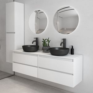 Fontana Proma wastafelmeubel 160cm mat wit met zwarte waskom en ronde spiegels