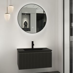 Fontana Lento wastafelmeubel 80cm mat zwart ribbelfront met zwarte wastafel 1 kraangat en spiegel
