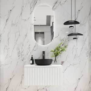 Fontana Stripe wastafelmeubel 80cm mat wit ribbelfront met zwarte waskom en ovale spiegel