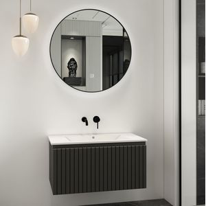 Fontana Lento wastafelmeubel 80cm mat zwart ribbelfront met witte wastafel zonder kraangat en spiegel