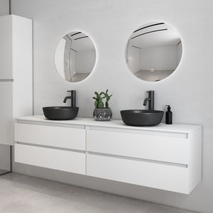 Fontana Proma wastafelmeubel 200cm mat wit met zwarte waskom en ronde spiegels