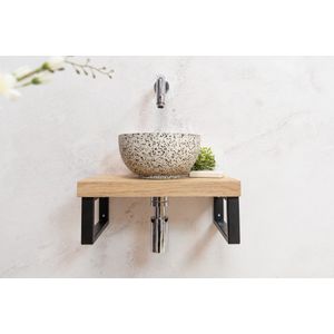 Saniclear Baru toiletmeubel set met eiken plank, zwart-witte terrazzo waskom en chromen kraan
