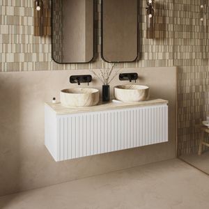 Fontana White Travertin wastafelmeubel 120cm mat wit ribbelfront met ronde waskom