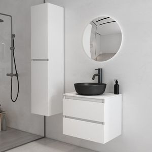 Fontana Proma wastafelmeubel 60cm mat wit met zwarte waskom en ronde spiegel