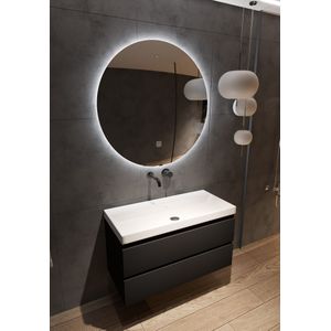 Fontana Kolo wastafelmeubel 100cm mat zwart met mat witte wastafel zonder kraangat en spiegel