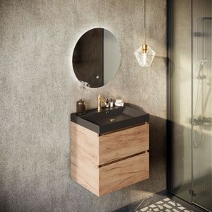 Fontana Kolo wastafelmeubel 60cm warm eiken met zwarte wastafel 1 kraangat en spiegel