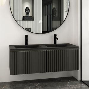 Fontana Lento wastafelmeubel 120cm mat zwart ribbelfront met zwarte wastafel 2 kraangaten