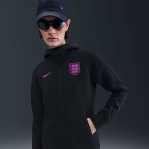 Engeland Tech Windrunner Nike voetbalhoodie met rits over de hele lengte van fleece voor dames - Zwart