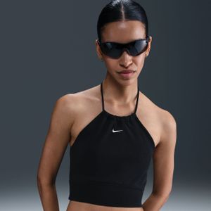 Nike Chill Terry aansluitende cropped haltertop van sweatstof voor dames - Zwart