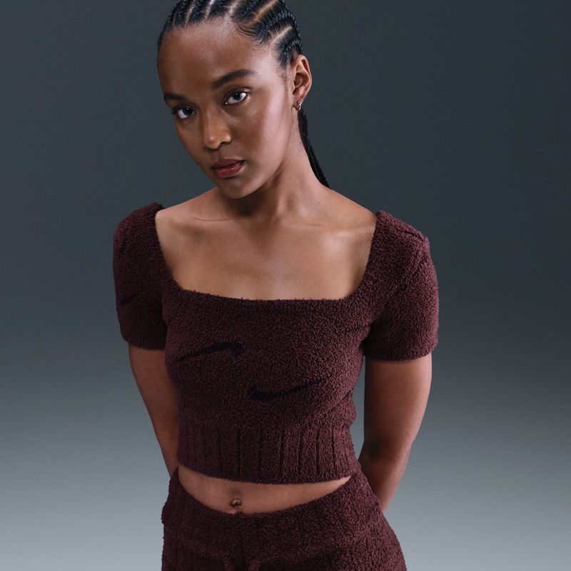 Nike Phoenix Cozy Bouclé cropped knit damestop met korte mouwen - Rood