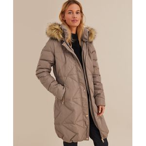 Lange donsjas met kap, volop winter ANNE WEYBURN. Polyester materiaal. Maten 54 FR - 52 EU. Kastanje kleur