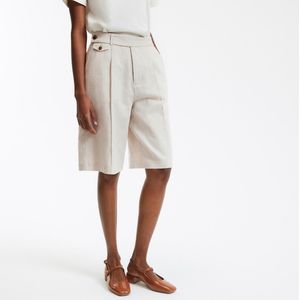 Bermuda in linnen en katoen met plooien LA REDOUTE COLLECTIONS. Linnen materiaal. Maten 50 FR - 48 EU. Beige kleur