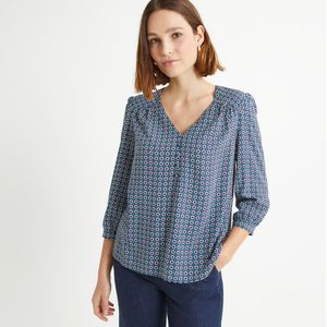 Blouse met V-hals, grafische print en 3/4 mouwen ANNE WEYBURN. Viscose materiaal. Maten 50 FR - 48 EU. Blauw kleur