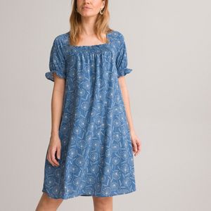 Wijd uitlopende jurk, bloemenprint, halflang ANNE WEYBURN. Polyester materiaal. Maten 38 FR - 34 EU. Blauw kleur
