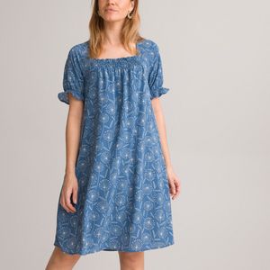 Wijd uitlopende jurk, bloemenprint, halflang ANNE WEYBURN. Polyester materiaal. Maten 40 FR - 38 EU. Blauw kleur