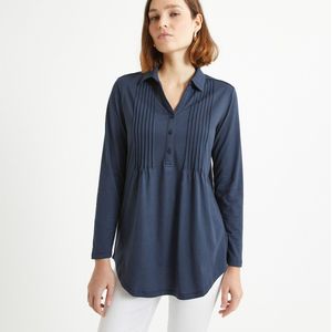 T-shirt met polo/hemdskraag en lange mouwen ANNE WEYBURN. Katoen materiaal. Maten 50/52 FR - 48/50 EU. Blauw kleur