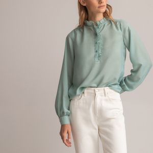 Blouse met opstaande kraag met volant, lange mouwen LA REDOUTE COLLECTIONS. Polyester materiaal. Maten 46 FR - 44 EU. Blauw kleur