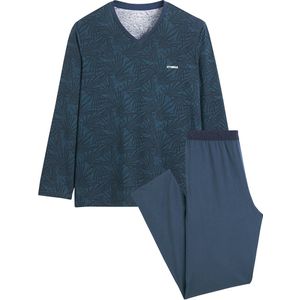 Lange, bedrukte pyjama met V-hals ATHENA. Katoen materiaal. Maten S. Blauw kleur