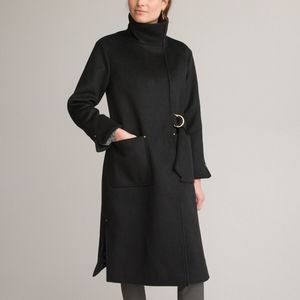 Lange jas, asymmetrisch, striklint ANNE WEYBURN. Wol materiaal. Maten 42 FR - 40 EU. Zwart kleur