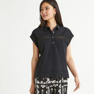 T-shirt met hemdskraag en korte mouwen ANNE WEYBURN. Katoen materiaal. Maten 46/48 FR - 44/46 EU. Zwart kleur