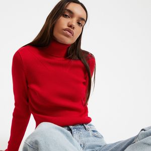 Trui in fijn tricot met rolkraag LA REDOUTE COLLECTIONS. Viscose materiaal. Maten XS. Rood kleur