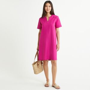 Rechte jurk, linnenmix, korte mouwen ANNE WEYBURN. Katoenlinnen materiaal. Maten 54 FR - 52 EU. Roze kleur