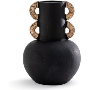 Kuro - Decoratieve Vaas - Zwart - Keramiek en Rotan