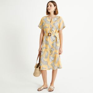 Wijd uitlopende jurk in linnen, bloemenprint ANNE WEYBURN. Linnen materiaal. Maten 42 FR - 40 EU. Geel kleur