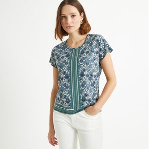 T-shirt met ronde hals, korte mouwen, bloemenprint ANNE WEYBURN. Katoen materiaal. Maten 38/40 FR - 36/38 EU. Blauw kleur