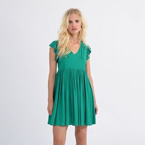 Korte jurk met V-hals, mouwen met volant MOLLY BRACKEN. Polyester materiaal. Maten XS. Groen kleur