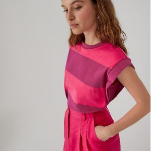 Gestreept T-shirt met ronde hals, zonder mouwen LA REDOUTE COLLECTIONS. Katoen materiaal. Maten XL. Roze kleur