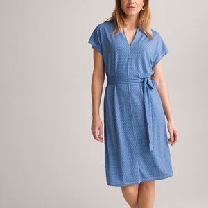 Rechte jurk, grafische print, halflang ANNE WEYBURN. Polyester materiaal. Maten 44 FR - 42 EU. Blauw kleur