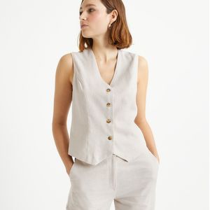 Mouwloos vest, rechte snit ANNE WEYBURN. Linnen materiaal. Maten 44 FR - 42 EU. Beige kleur